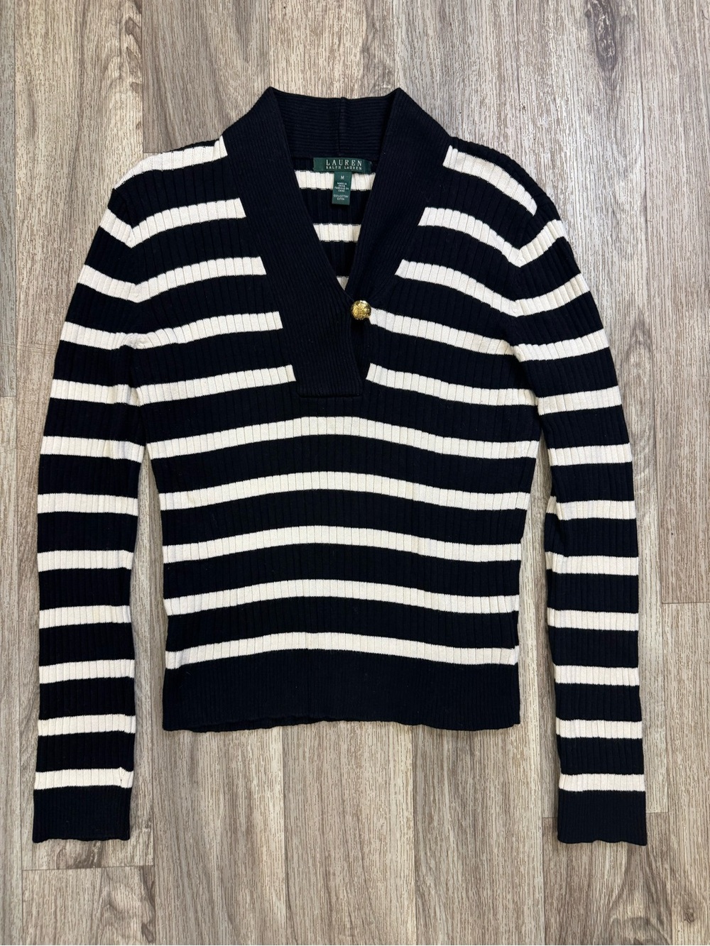 Lauren Ralph Lauren Women’s M Black Ivory Striped 100% Cotton Ribbed Sweater